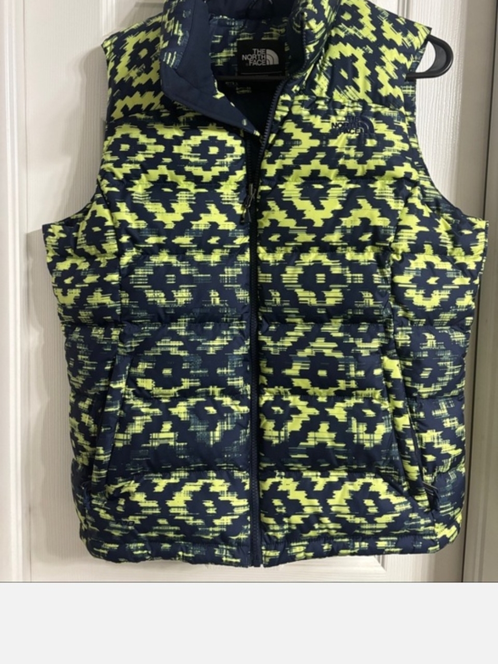 The North Face Nuptse 2 Neon Yellow & Navy Patterned Puffer Vest Women's L